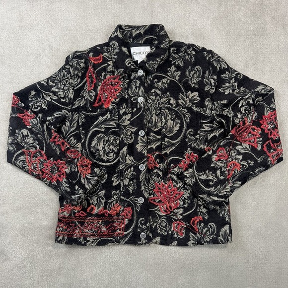 Chico's Size 1 Women Black Red Floral Tapestry Embroidered Metallic Jacket — photo 2